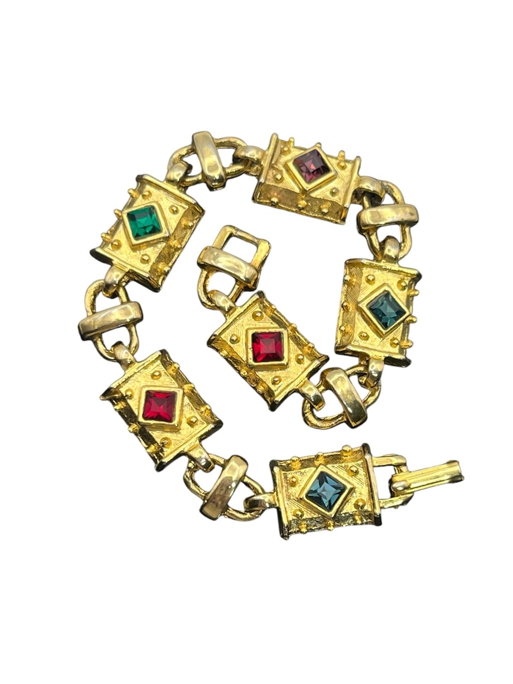 Multi colored rhinestone textured gold tone chain bracelet red green purple